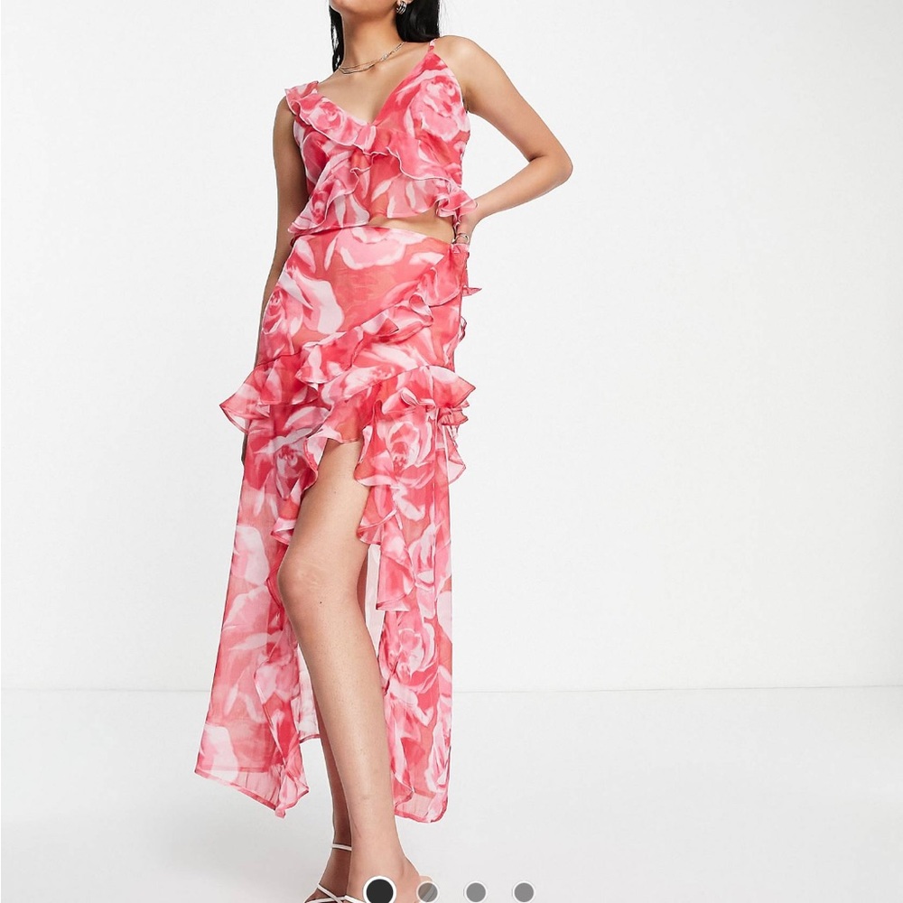 ASOS DESIGN - pink and red ruffle set - midi skirt and top